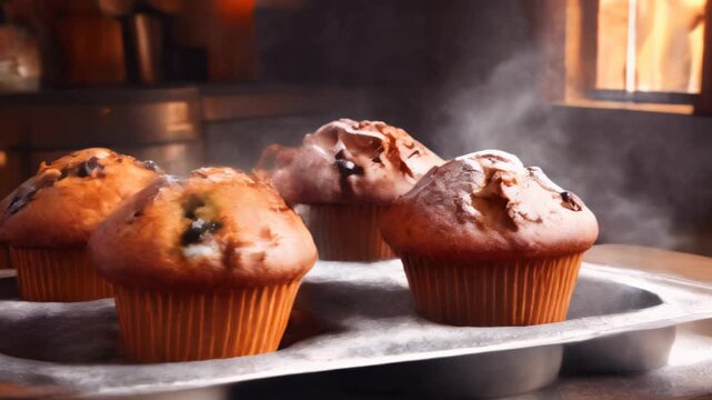 Freshly baked muffins steam as they cool on a tray, their golden tops and soft texture promising a delicious treat