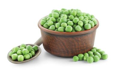 Fresh green peas in bowl isolated on white