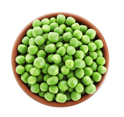 Fresh green peas in bowl isolated on white, top view