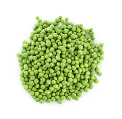 Pile of fresh green peas isolated on white, top view