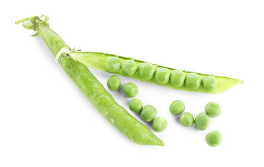 Green fresh peas and pods isolated on white, top view