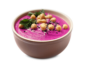 Tasty beetroot hummus, parsley and chickpeas in bowl isolated on white