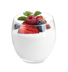 Tasty yogurt with fresh berries and mint in glass isolated on white
