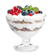 Tasty yogurt with fresh berries and mint in glass dessert bowl isolated on white
