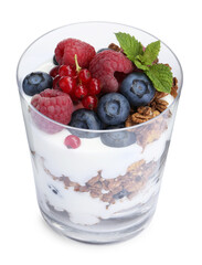 Tasty yogurt with fresh berries, granola and mint in glass isolated on white