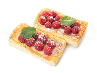 Tasty puff pastries with raspberries and mint isolated on white