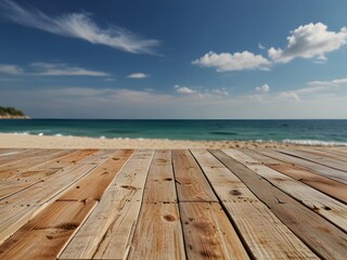 Fototapeta premium Wooden floor or plank on sand beach in summer. For product display.Calm Sea and Blue Sky Background.