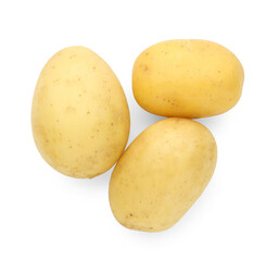 Three young fresh potatoes isolated on white, top view