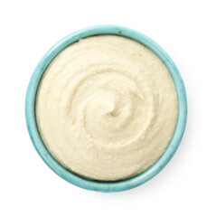Delicious hummus in bowl isolated on white, top view