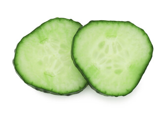 Fresh cut cucumber isolated on white, top view