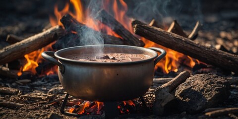 A closeup of a steaming pot of hot cocoa being warmed directly on the embers of a dying campfire.