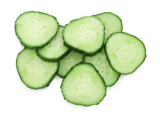 Fresh cut cucumber isolated on white, top view