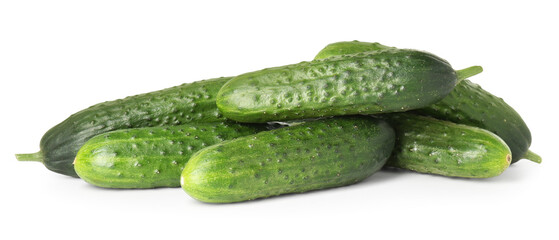 Pile of fresh cucumbers isolated on white