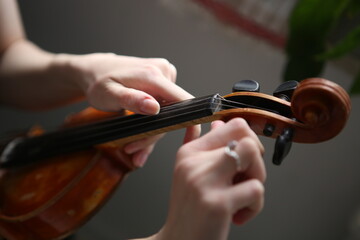 Thin elegant hands holding the neck from the violin 