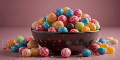 a bowl of different candies on a pink studio background.