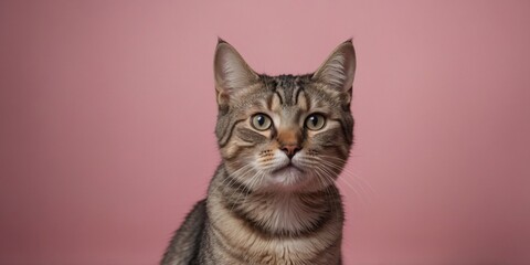 Obraz premium Funny cat looks up on a pink background.