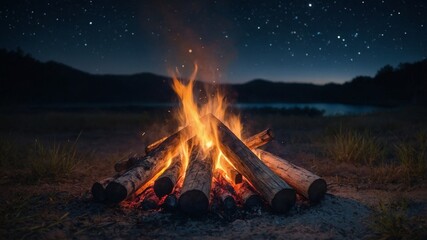 A watercolor clipart of a campfire under the stars summer nights outdoors.