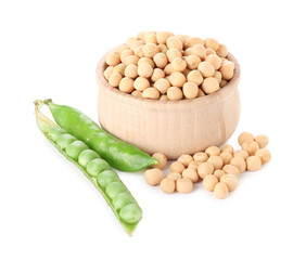 Dried peas in bowl and fresh green pods isolated on white