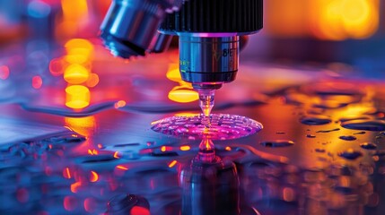 Close-up of a microscope lens focused on a liquid drop, illuminated with vibrant colors.