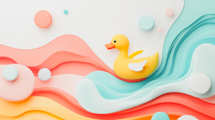 Abstract white background with pastel colorful 3D abstract background overlap layer on dark space with duck decoration. Modern graphic design element motion style concept for banner, flyer, card, br