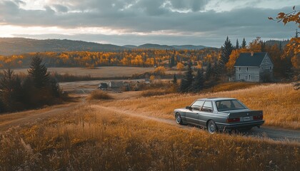 Vintage car on a country road during sunset, with a scenic autumn landscape of rolling hills, colorful trees, and a rustic farmhouse.