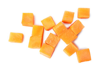 Pieces of fresh ripe carrot isolated on white, top view