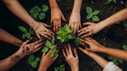 Group of diverse hands planting green seedlings together in a garden during daylight hours