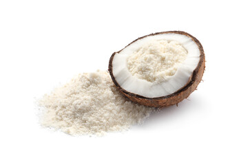 Fresh coconut flour and nut isolated on white