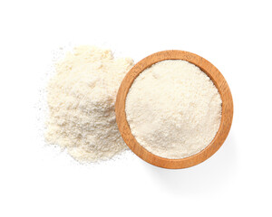 Fresh coconut flour in bowl isolated on white, top view