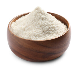 Fresh coconut flour in bowl isolated on white