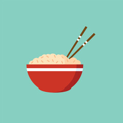 Traditional bowl of rice with chopsticks. flat vector illustration isolated on white background