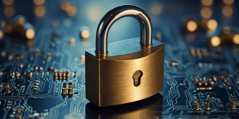 Cybersecurity lock front view close up of a metallic padlock on an electronic circuit board to symbolize strong digital security measures futuristic.