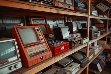 Obraz premium Vintage electronics are neatly arranged on shelves in a workspace, showcasing their unique designs and history.