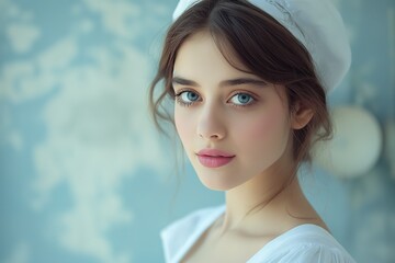 Fototapeta premium A cheerful housemaid with blue eyes smiles warmly in a bright vintage-inspired room.