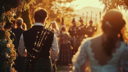 Guests gather for a traditional wedding ceremony as bagpipers perform during a breathtaking sunset.