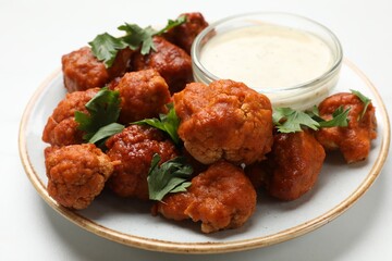Baked cauliflower buffalo wings with parsley and sauce on white table, closeup
