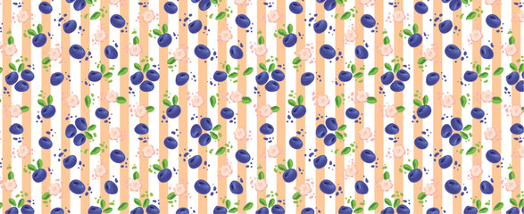 Abstract blueberry pattern. Pink flowers and blue berries on striped background. Vector striped seamless wallpaper. Print for packaging, wrapping paper, textile, fabric