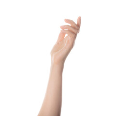 Hand trying to reach for someone or something. Gesture of giving or asking help or sign for lust isolated white background. Carrying for you. Gentle motion and gesture female.