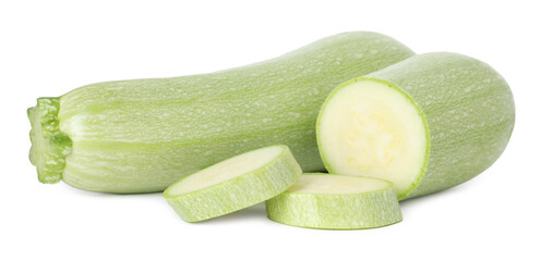 Fresh whole and cut zucchinis isolated on white