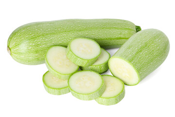 Fresh whole and cut zucchinis isolated on white