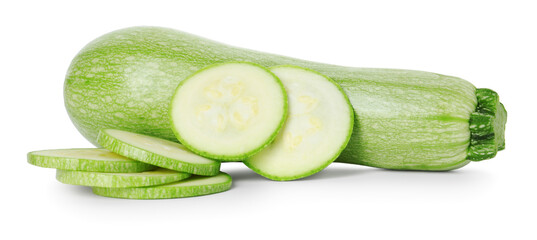 Fresh whole and cut zucchinis isolated on white