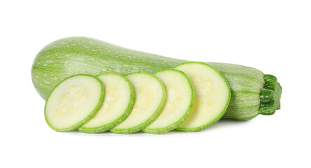 Fresh whole and cut zucchinis isolated on white