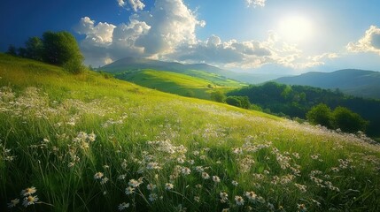 Fototapeta premium Vibrant wildflower meadow under a sunny sky near rolling green hills at dawn