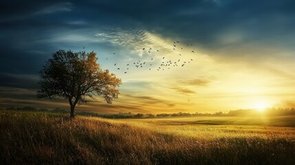 Golden sunrise over a peaceful landscape with birds in flight