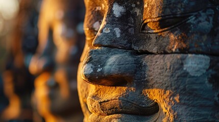 Close-up of a weathered stone face, bathed in warm sunlight. Ancient stone sculpture with intricate details.