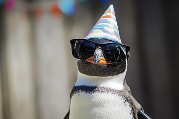 Birthday Penguin. Cute Party-Ready Penguin with Hat and Sunglasses