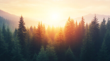 Sunrise over a tranquil pine forest, perfect for inspirational and motivational imagery