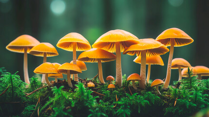 Fototapeta premium Wild mushrooms growing in a pine forest, showcasing biodiversity and foraging
