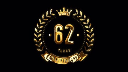 62nd Anniversary Celebration. Happy 62 Years Anniversary Animation in Gold Color on the Transparent Background, Alpha Channel. Great for greetings, celebrations, events, and gifts.