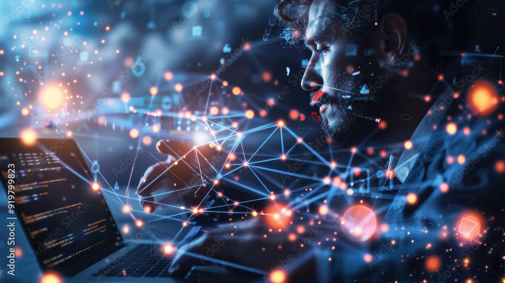 Poster businessman engaging in cloud computing and data exchange with futuristic technology interface at ni